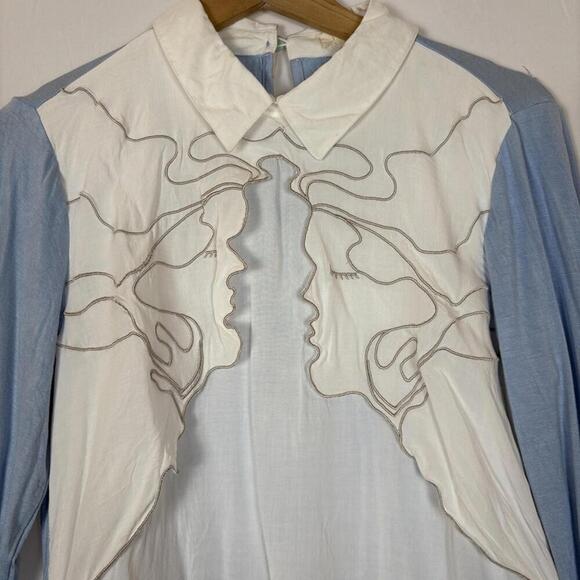 OPi Blue and white Embroidered Layered Blouse with Collar Size: Medium - Picture 4 of 7